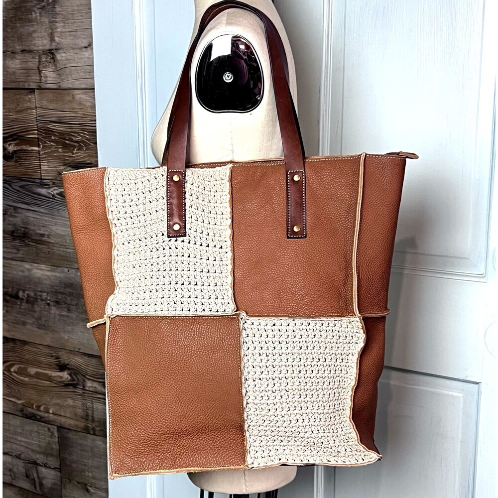 P O L Tote Bag Macrame Beautiful Buttery Pebbled Brown Leather Quality Bohemian
